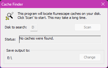 The RuneScape cache finder searching a Hard drive with none found this time