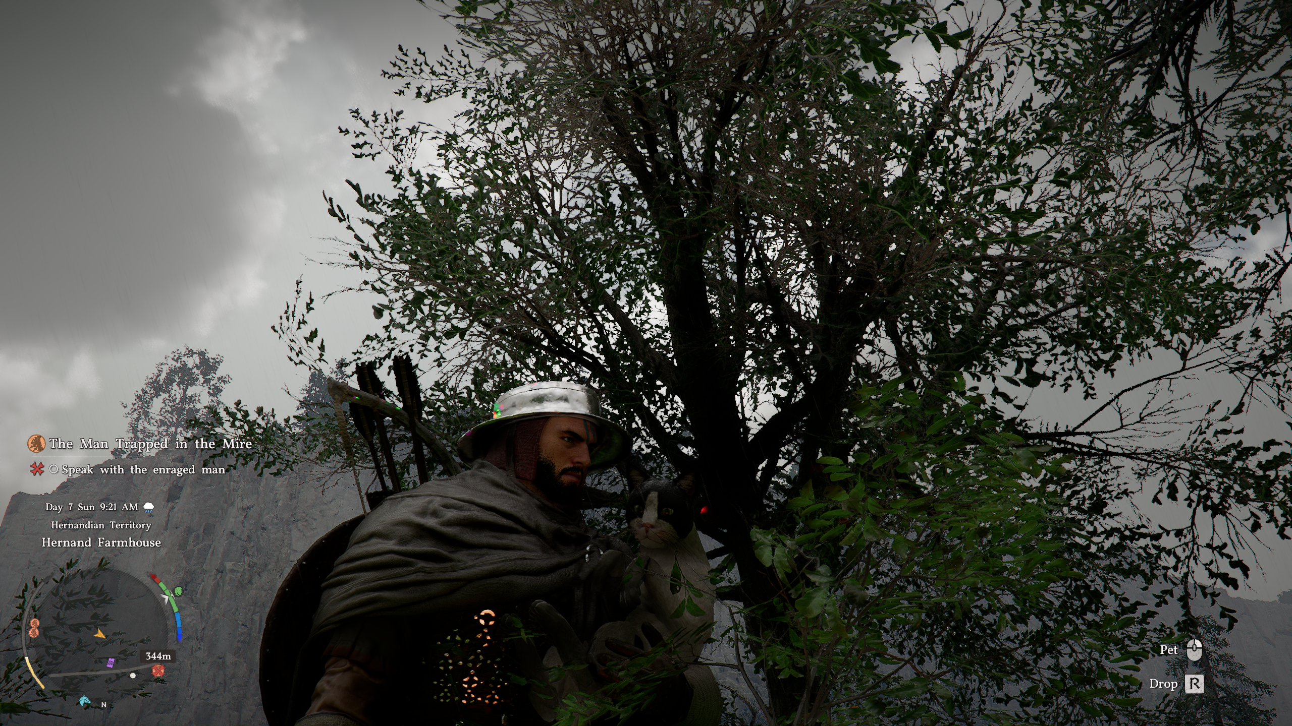 A cutscene from early on in Crimson, showing the protagonist holding a cat in his arms